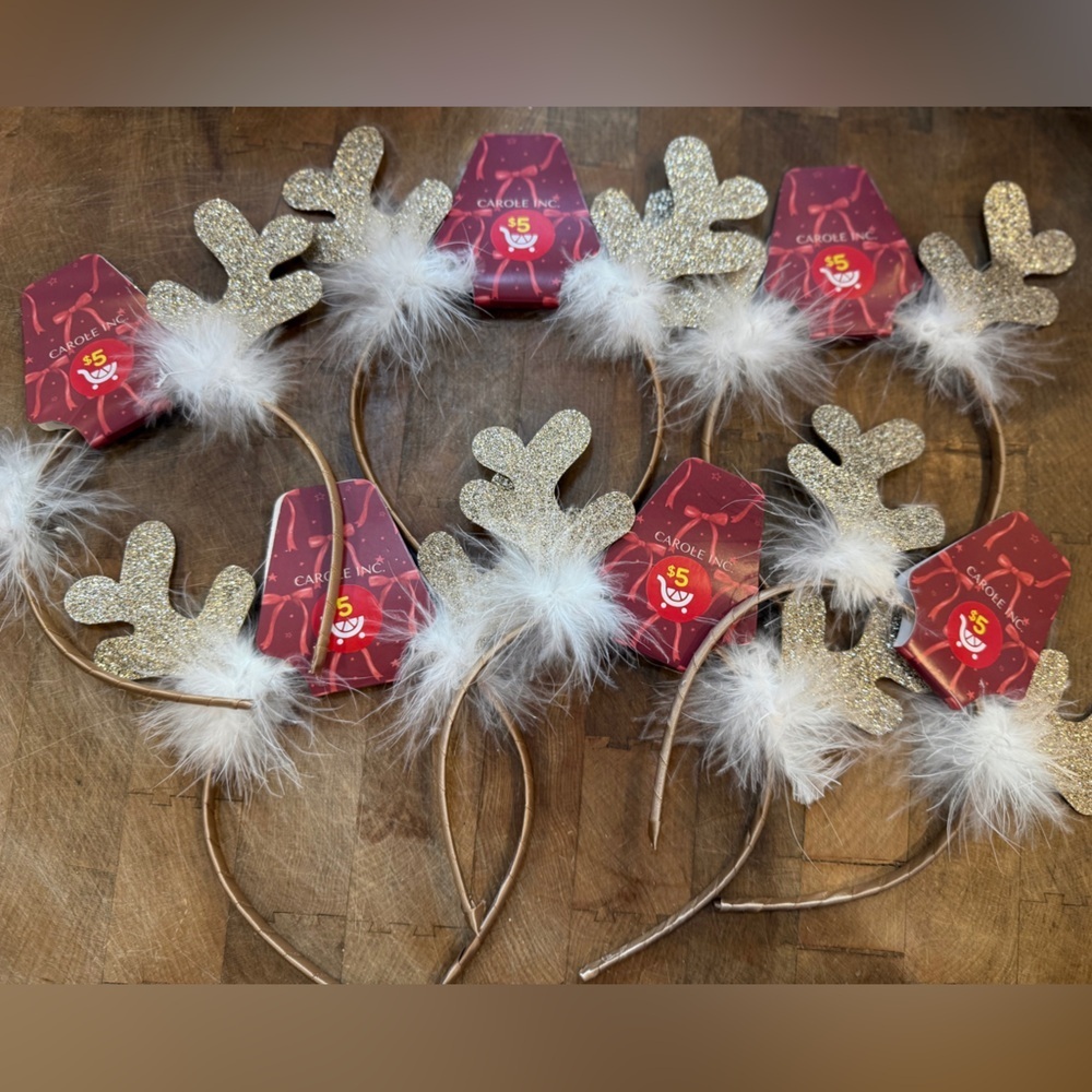 Gold Glitter Reindeer Headband White Feather Trim Christmas Holiday Set of 6